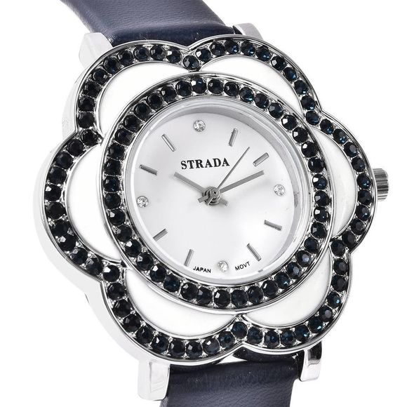 STRADA Diamond Crystal Enameled Watch with Blue Faux Leather Strap - Picture 4 of 4